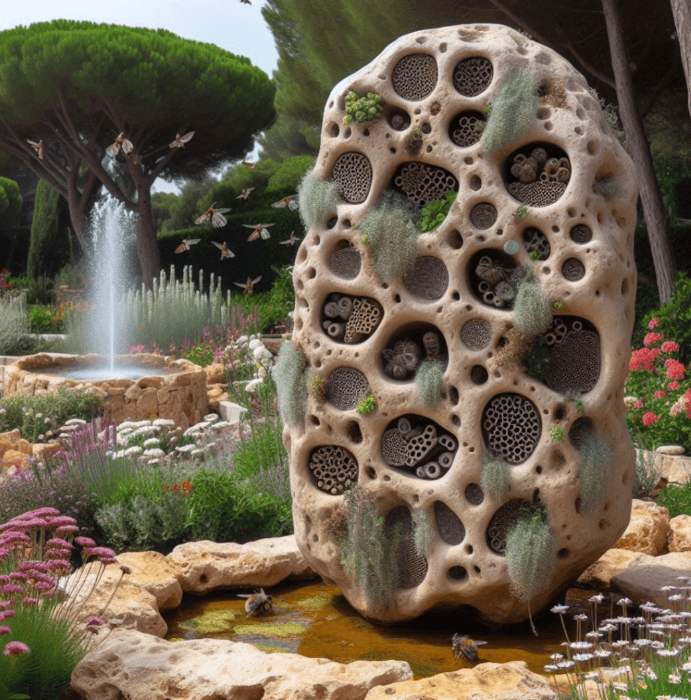 Escultura amb plantes i hotel d' insectes per afavorir la biodiversitat i polinitzadors de la zona.