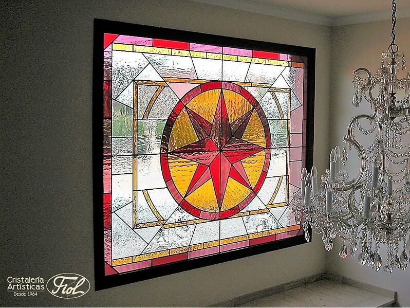 The stained glass window in one piece, with measures of 170 x 200 cm. Made of spectrum glass with various colorless textures and various colors. Its total weight exceeded 200 kilos. 
