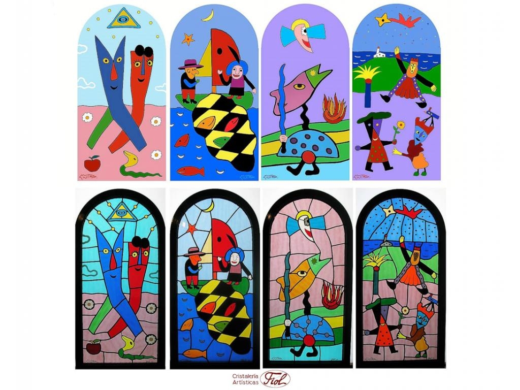 Realización de 4 vitrales: en la parte superior encontramos los dibujos originales realizados por el artista Gustavo Peñalver y en la parte inferior los vitrales emplomados ya terminados.