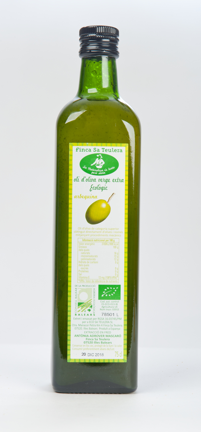 Imatge d'ampolla de 75 cl d'oli d'oliva verge extra ecològic (Arbequina).