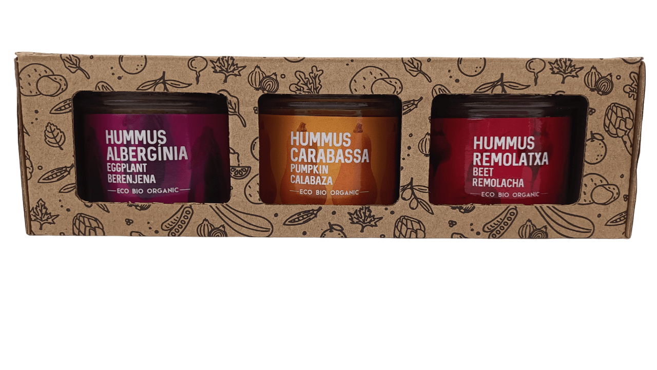 Pack hummus ecològics. Albergínia, carbassa, remolatxa. 3 x 100 grams