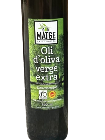 Oli d'Oliva Verge Extra Son Matge 500 ml, DO Oli de Mallorca, extracció en fred i ampolla de vidre fosc per a màxima frescor i qualitat.